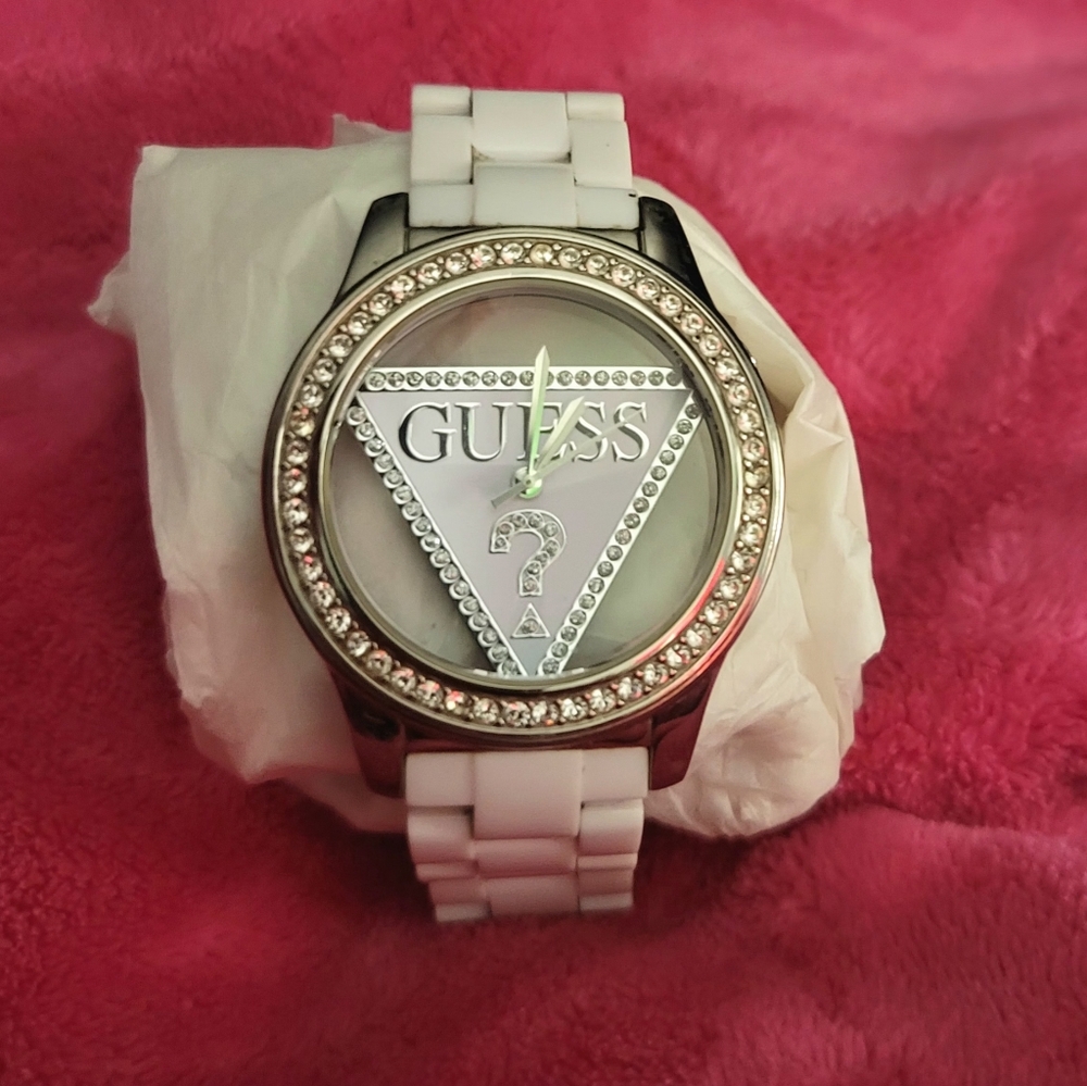 Guess White Watch with Crystal Bezel